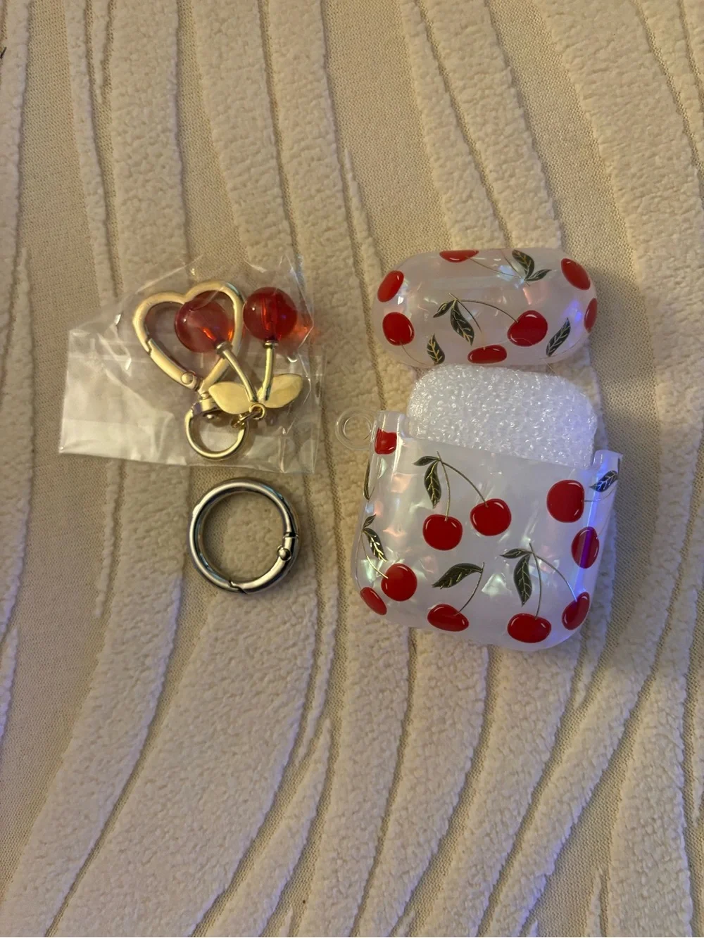 Cherry Print AirPods Case with Red Heart Key Charms